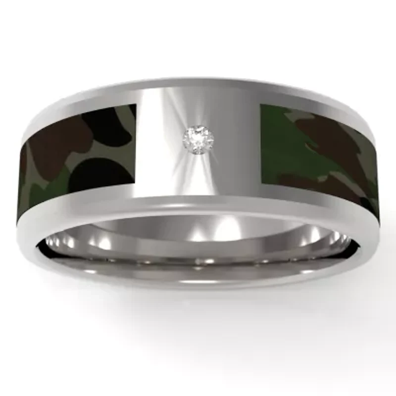 Green Camo Mens 7MM Diamond Accent Natural White Stainless Steel Wedding Band