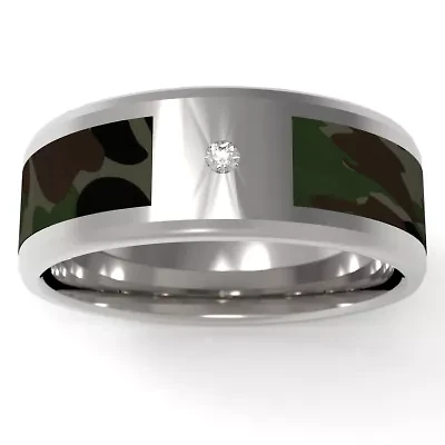 Green Camo Mens 7MM Diamond Accent Natural White Stainless Steel Wedding Band