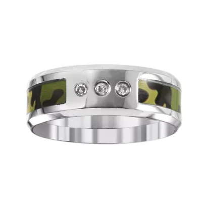 Green Camo Mens 7MM Diamond Accent Natural White Stainless Steel Wedding Band