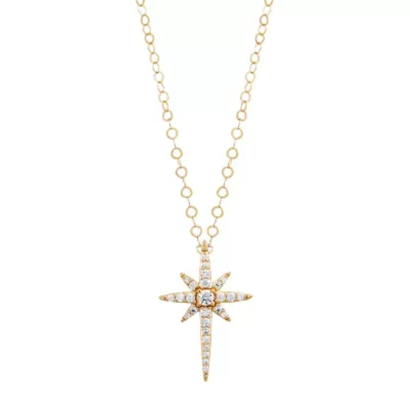 Womens White Cubic Zirconia 10K Gold Star 18 Inch Pendant Necklace