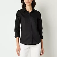 Liz Claiborne Womens Long Sleeve Regular Fit Wrinkle Free Poplin Button-Down Shirt
