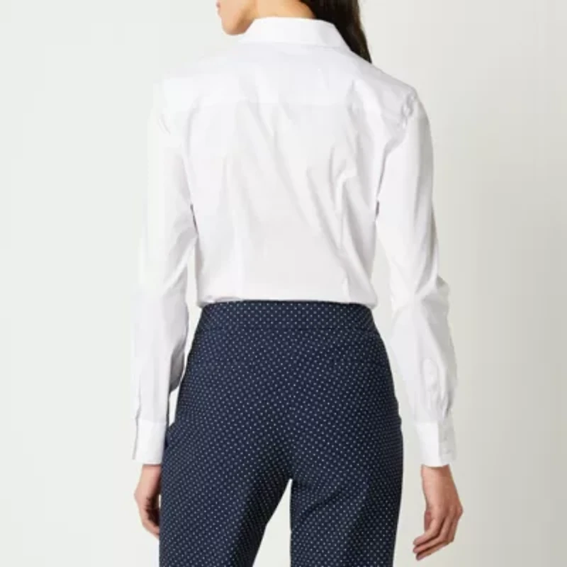 Liz Claiborne Womens Long Sleeve Regular Fit Wrinkle Free Poplin Button-Down Shirt