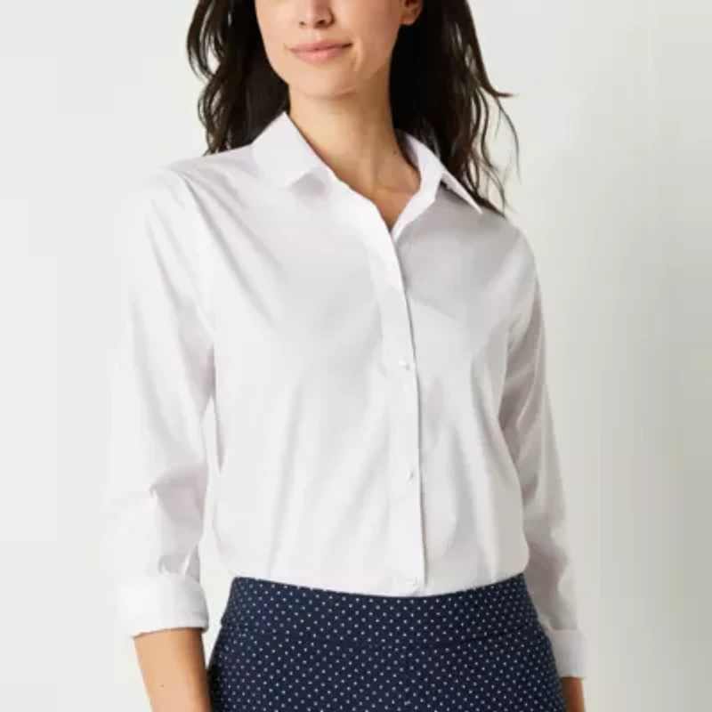 Liz Claiborne Womens Long Sleeve Regular Fit Wrinkle Free Poplin Button-Down Shirt