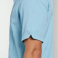 Cubavera Chambray Pintuck Mens Short Sleeve Cuffed Regular Fit Button-Down Shirt
