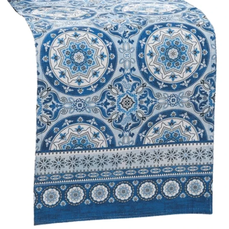 Elrene Home Fashions Vietri Medallion Block Print Stain N Water Resistant Indoor/Outdoor Table Runner