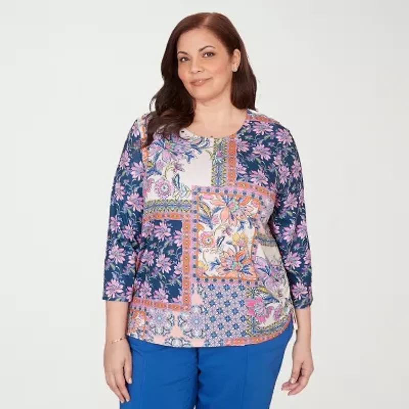 Alfred Dunner Womens Plus Crew Neck 3/4 Sleeve T-Shirt