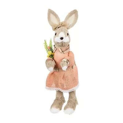 Northlight 15" Beige Rustic Girl Rabbit With Flowers Easter Figurine