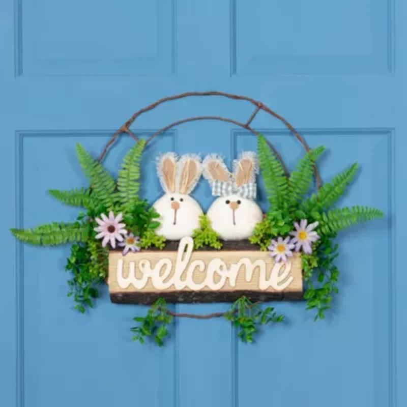 Northlight 16" Rabbit Couple Floral Welcome Hanging Decor