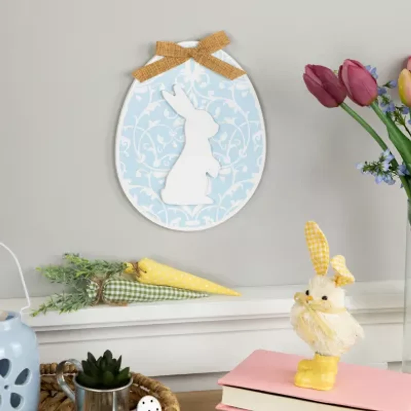 Northlight 10" Blue Egg With Bunny And Burlap Bow Wooden Wall Sign