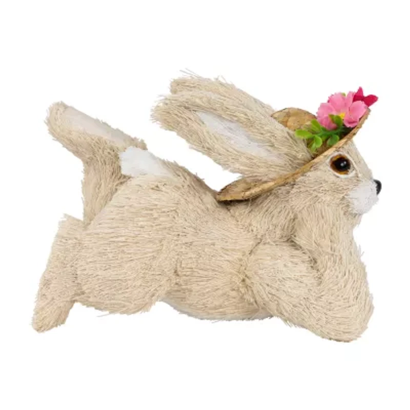 Northlight 9" Beige Rabbit With Floral Straw Hat Easter Figurine