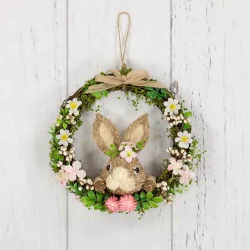 Northlight 11" Green And Pink Spring Floral With Peering Rabbit Wreath