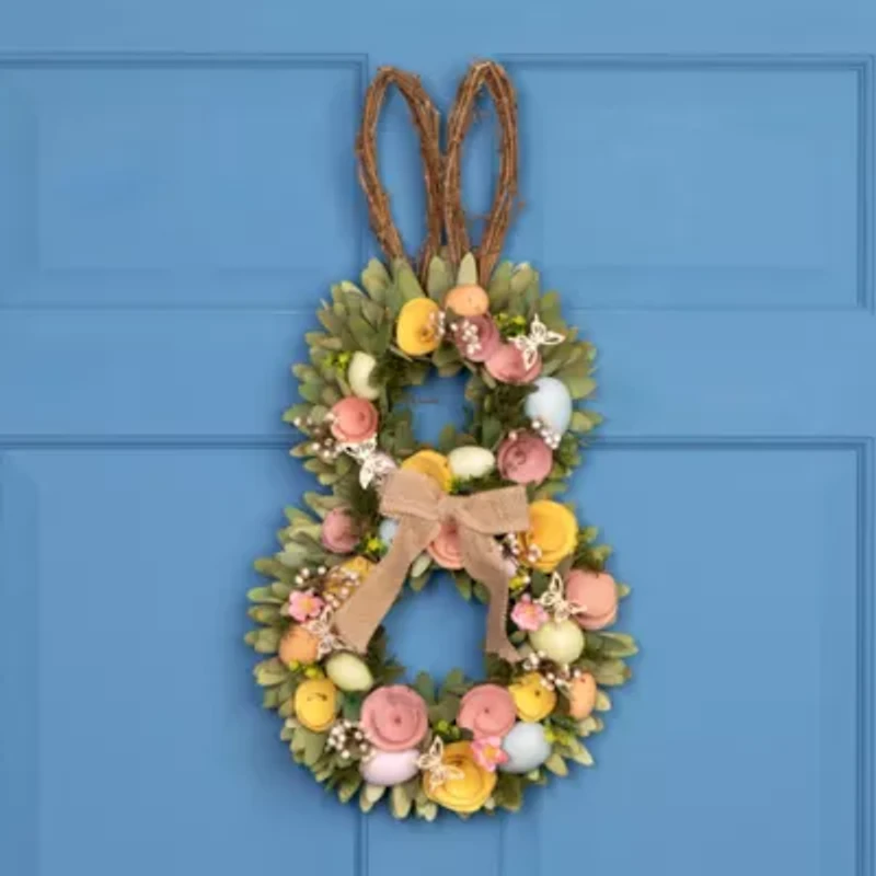 Northlight 24" Shaved Wood Flowers Bunny Rabbit Silhouette Wreath