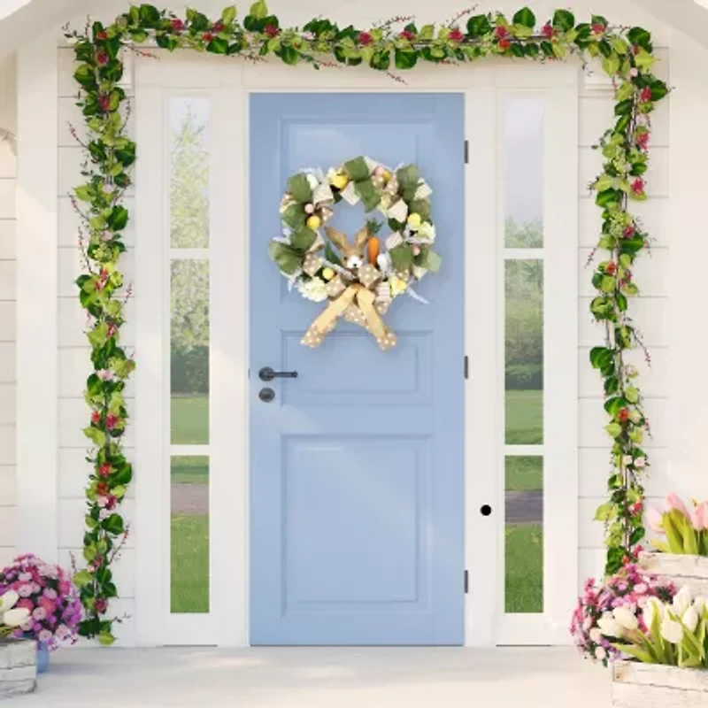 Northlight 22" Green And Beige Bunny And Bows Floral Unlit Wreath