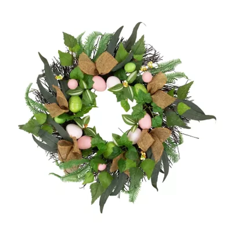 Northlight 22" Egg And Burlap Ribbon Mixed Foliage Twig Wreath