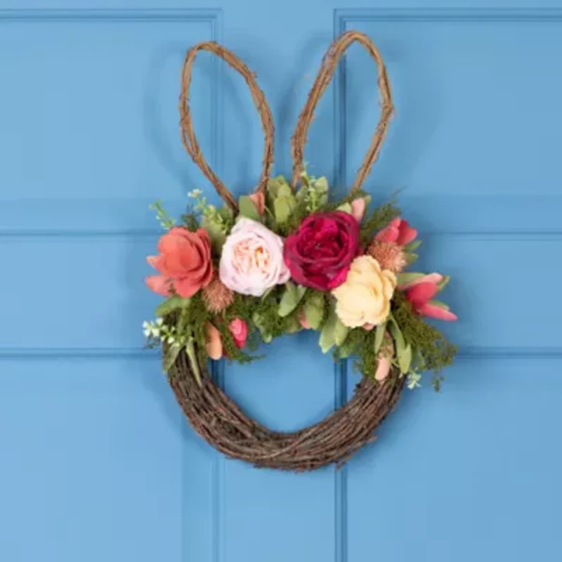 Northlight 15" Wooden Floral Bunny Ears Twig Wreath