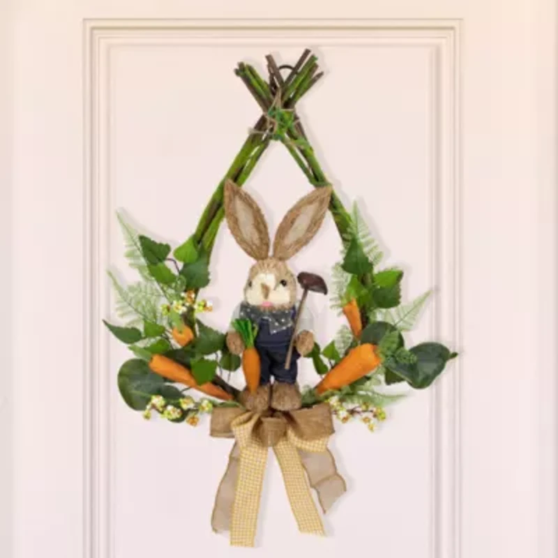 Northlight 22" Green And Orange Farmer Bunny Moss Vines Unlit Wreath