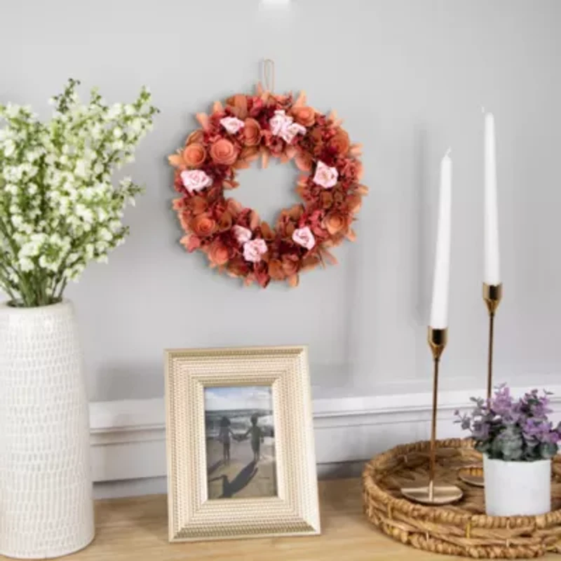 Northlight 12" Pink Silk Roses And Wooden Flowers Artificial Unlit Wreath