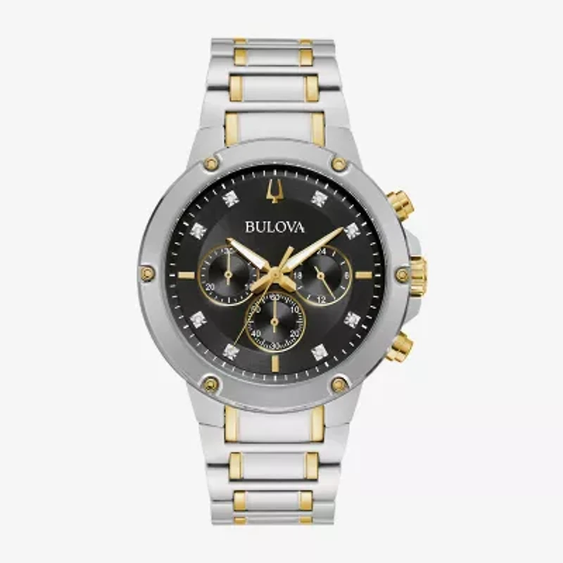 Bulova Mens Chronograph Diamond Accent Two Tone Stainless Steel Bracelet Watch 98d159
