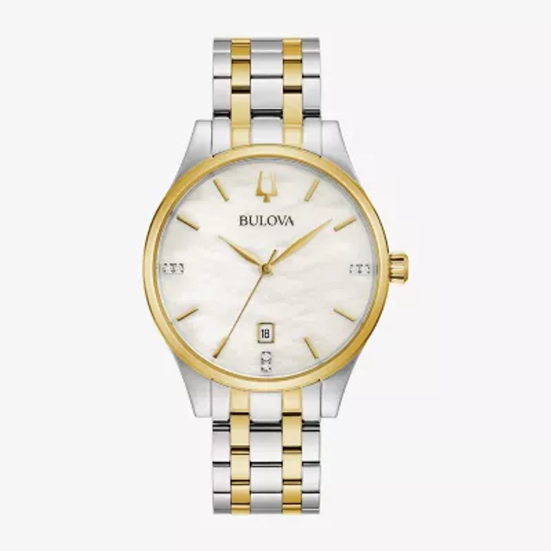 Bulova Womens Two Tone Stainless Steel Leather Bracelet Watch 98p201