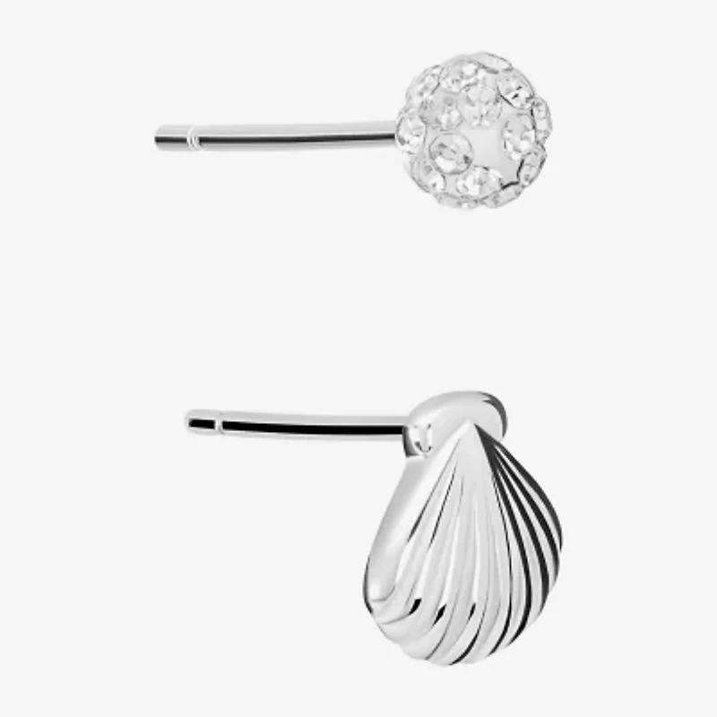 Silver Treasures Womens Crystal Sterling Silver Round 2 Pair Earring Set