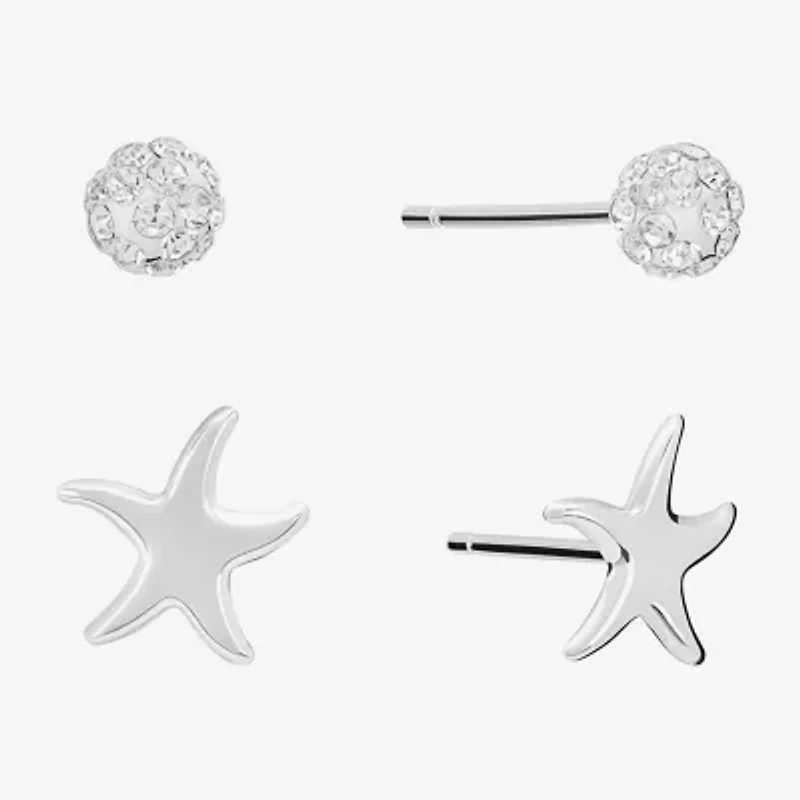 Silver Treasures Starfish Womens Crystal Sterling Silver Round 2 Pair Earring Set