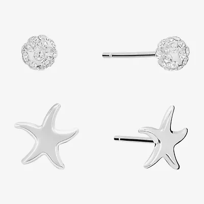 Silver Treasures Starfish Womens Crystal Sterling Silver Round 2 Pair Earring Set