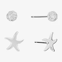Silver Treasures Starfish Womens Crystal Sterling Silver Round 2 Pair Earring Set