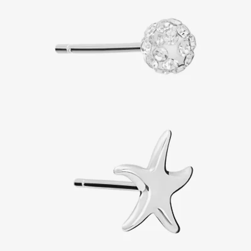 Silver Treasures Starfish Womens Crystal Sterling Silver Round 2 Pair Earring Set
