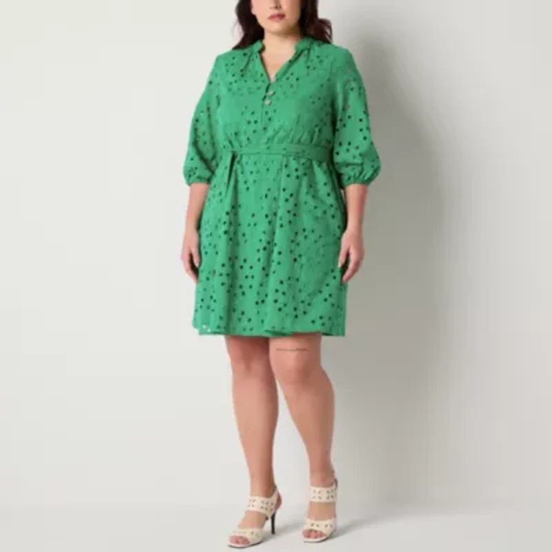 Ronni Nicole Womens 3/4 Sleeve Eyelet Plus Fit + Flare Dress