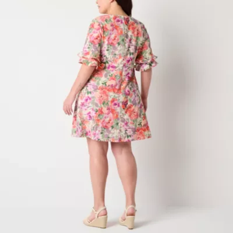 Perceptions Womens Short Sleeve Floral Plus Shift Dress