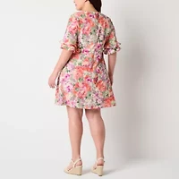 Perceptions Womens Short Sleeve Floral Plus Shift Dress