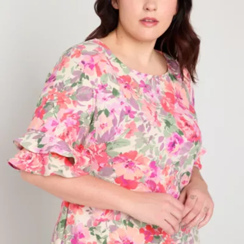 Perceptions Womens Short Sleeve Floral Plus Shift Dress