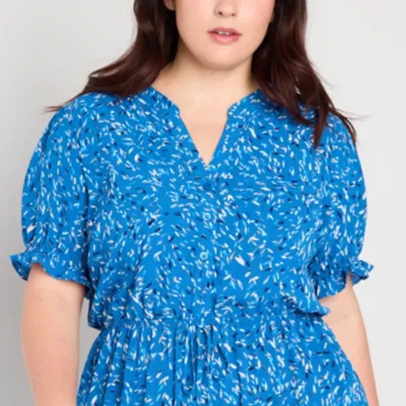 Brannan Womens Plus Short Sleeve Abstract Midi Fit + Flare Dress
