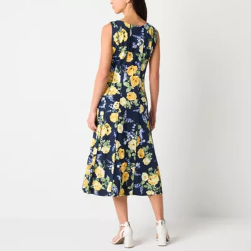 Perceptions Womens Sleeveless Floral Midi Petite Fit + Flare Dress