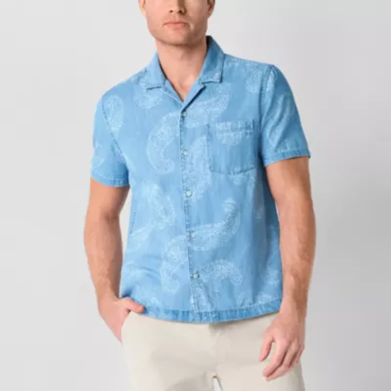 mutual weave Denim Mens Short Sleeve Camp Shirt