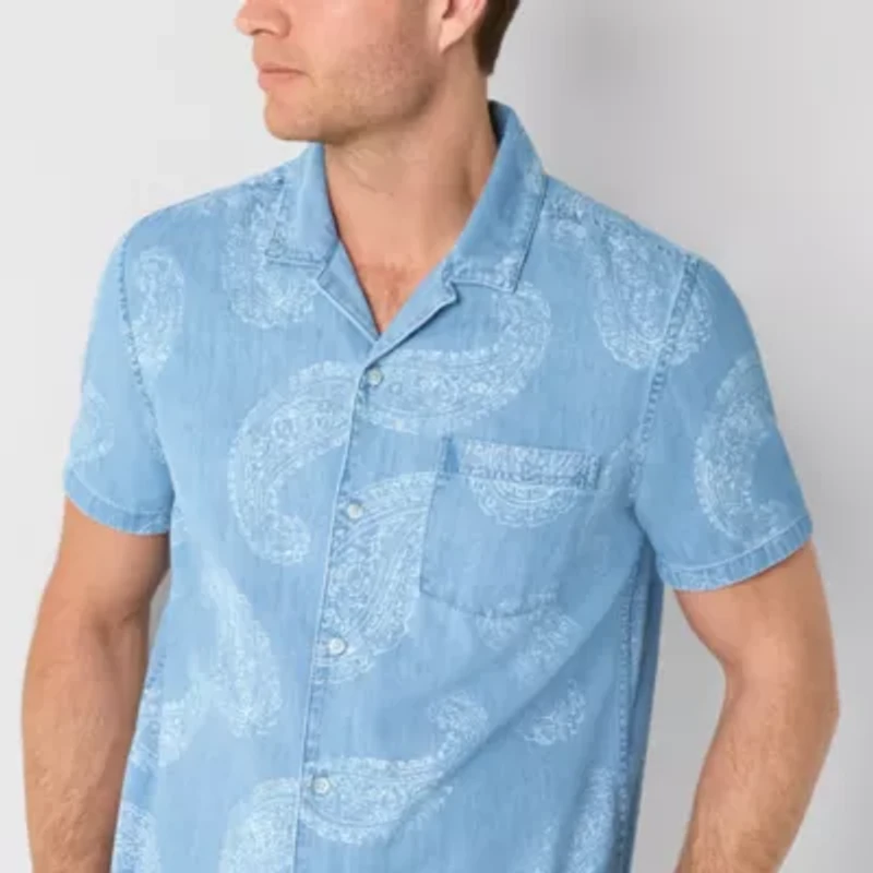 mutual weave Denim Mens Short Sleeve Camp Shirt