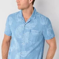mutual weave Denim Mens Short Sleeve Camp Shirt