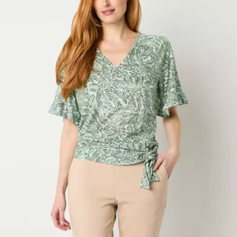 Liz Claiborne Womens V Neck Short Sleeve Wrap Shirt