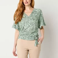 Liz Claiborne Womens V Neck Short Sleeve Wrap Shirt