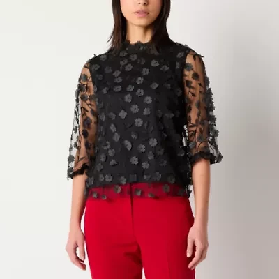 52seven Womens Mock Neck Long Sleeve Embroidered Blouse