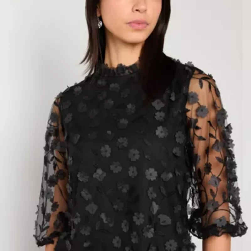 52seven Womens Mock Neck Long Sleeve Embroidered Blouse