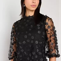 52seven Womens Mock Neck Long Sleeve Embroidered Blouse