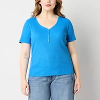 a.n.a Plus Ribbed Womens Short Sleeve Henley Shirt
