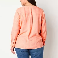 Liz Claiborne Womens Plus Split Crew Neck Long Sleeve Blouse