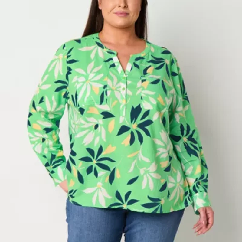 Liz Claiborne Womens Split Crew Neck Long Sleeve Plus Blouse
