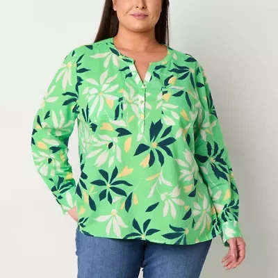 Liz Claiborne Womens Split Crew Neck Long Sleeve Plus Blouse