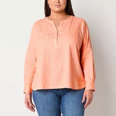 Liz Claiborne Womens Plus Split Crew Neck Long Sleeve Blouse