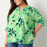 Liz Claiborne Womens Split Crew Neck Long Sleeve Plus Blouse