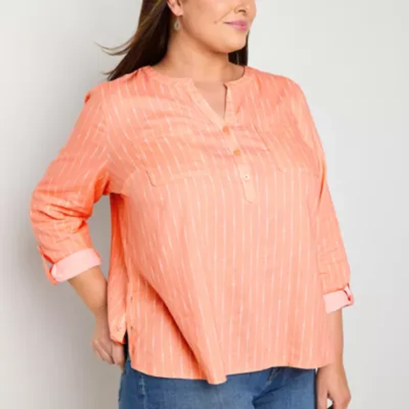 Liz Claiborne Womens Plus Split Crew Neck Long Sleeve Blouse