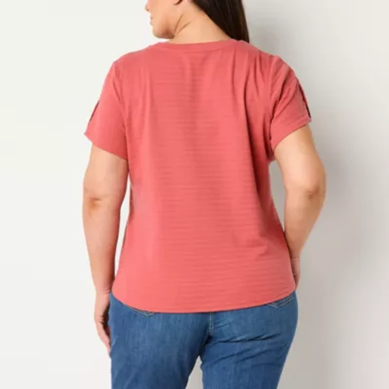 Liz Claiborne Womens Plus Round Neck Short Sleeve Blouse